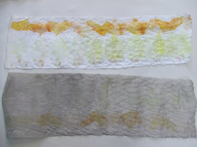 Bundle 4 - oak leaves, Japanese knotweed and onion skins on cotton (above) and synthetic (below)