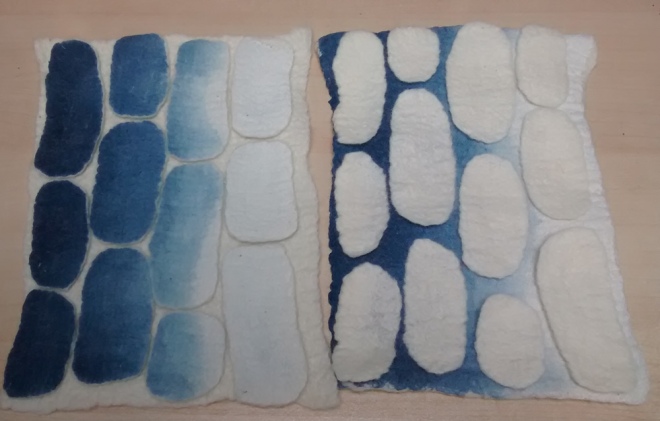 blue and white nuno felt ombre samples
